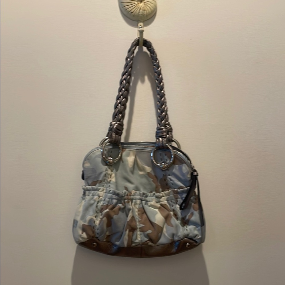 B. Makowsky Leather Blue Tan Shoulder Bag with Slouchy Silhouette